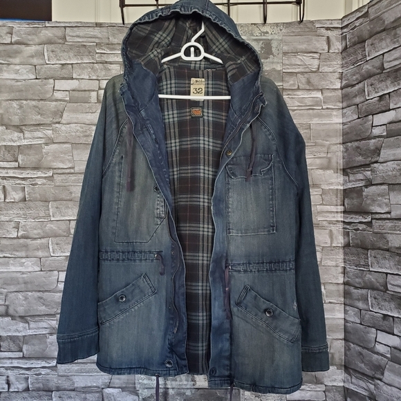 Volcom Other - Vintage Volcom Denim Flannel Jacket Full Zip + Button Hooded Heavyweight Size 32